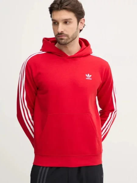 Суичър с качулка Adidas Originals на райета с качулка с апликация червено