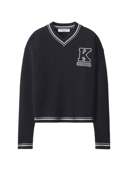 Pulover Maison Kitsune cu decolteu în V cu autograf albastru