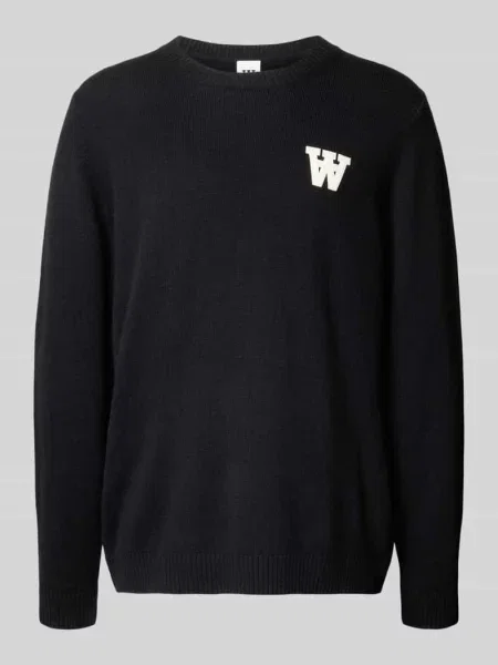 Sweter z dzianiny z haftem i okrągłym dekoltem model ‘Tay’ Wood Wood czarny