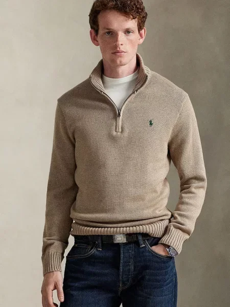 Polo Ralph Lauren Swetry Mężczyzna L Sweter z zamkiem błyskawicznym z bawełny brązowy