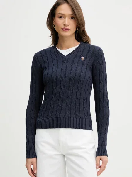 Bombažen pulover U.S. Polo Assn. V-NECK CABLE modra