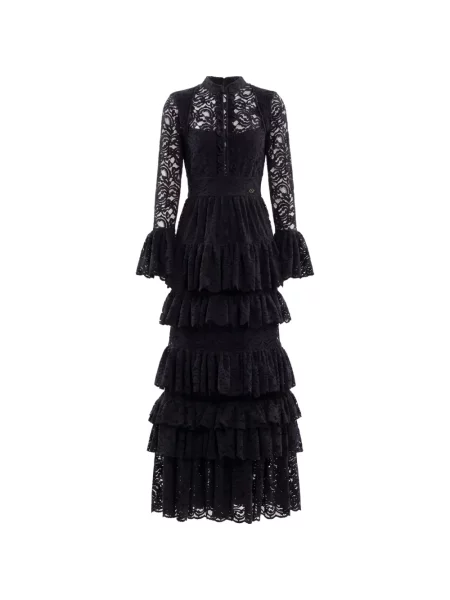 Rochie maxi Saiid Kobeisy cu volane din dantelă negru