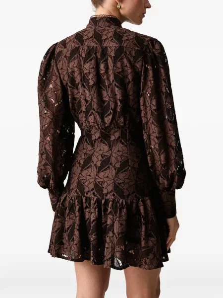 Rochie mini Bardot cu volane din dantelă maro