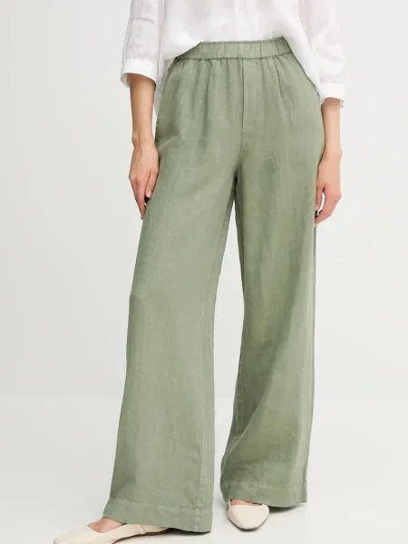 Ленен панталон OUI с широка каройка с висока талия зелено