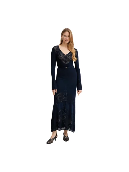 Lniana sukienka maxi Twinset niebieska