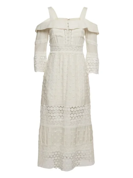 Sukienka midi Self-portrait koronkowa do kolan garniturowa biała