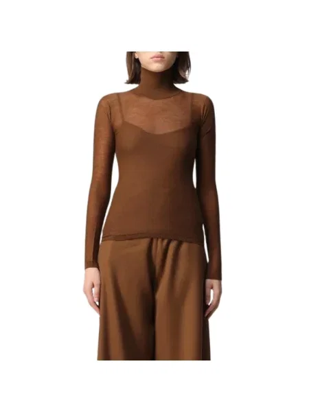 Lniany sweter z golfem Max Mara brązowy