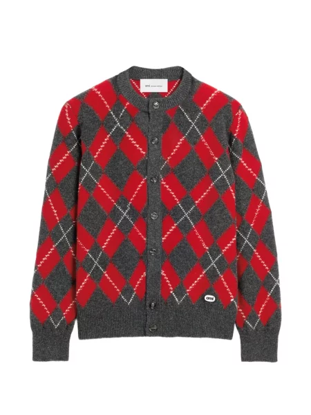 Cardigan Ami Paris de lână cu model argyle gri