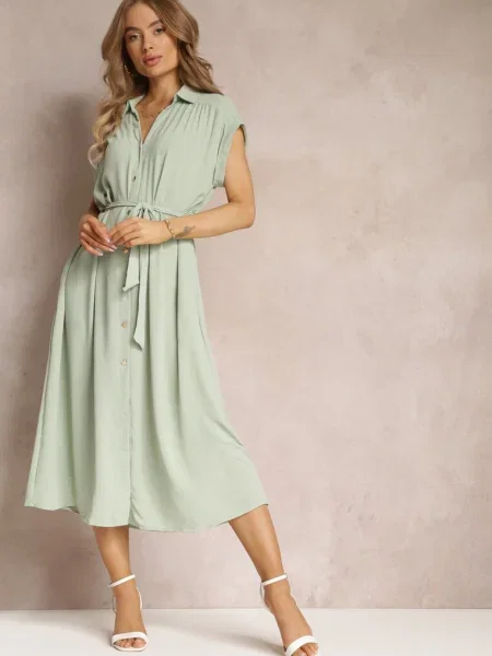Rochie Cămașă Deschis cu Mânecă Scurtă și Cordon Denalia verde