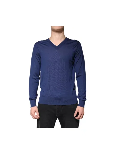 Sweter Dolce And Gabbana z dekoltem w serek niebieski