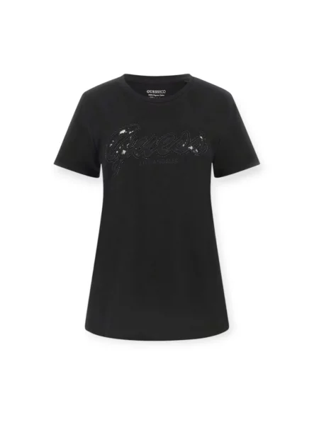 T-shirt z z obszyciem kamieniami stras Guess czarna