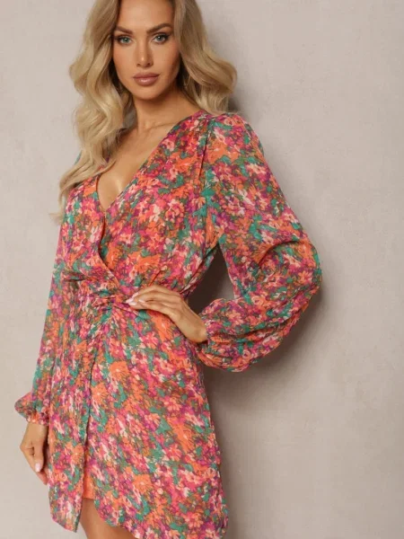 Roșu-Portocaliu Rochie Tip Wrap Scurtă cu Imprimeu Floral Ninora roșu