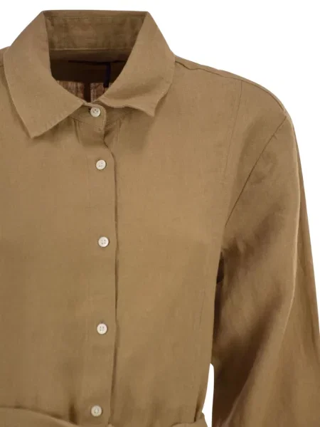 Lanena opasan haljina Polo Ralph Lauren s okruglim izrezom plava