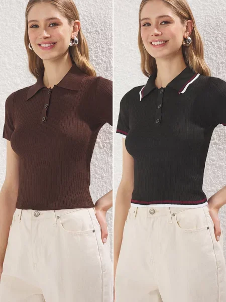 Trendyol Pulover ciocolatiu / roșu / negru alb