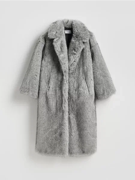Reserved Płaszcz z imitacji futra jasnoszary