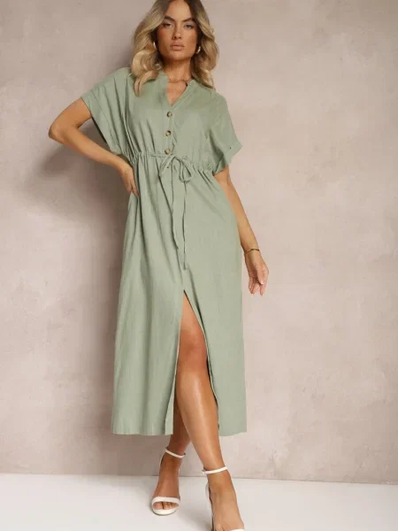 Rochie Inchis din cu Croi Tip Cămașă Strânsă în Talie Viklia verde