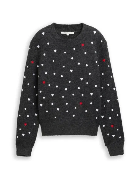 TOM TAILOR DENIM Pulover gri închis / roșu intens alb