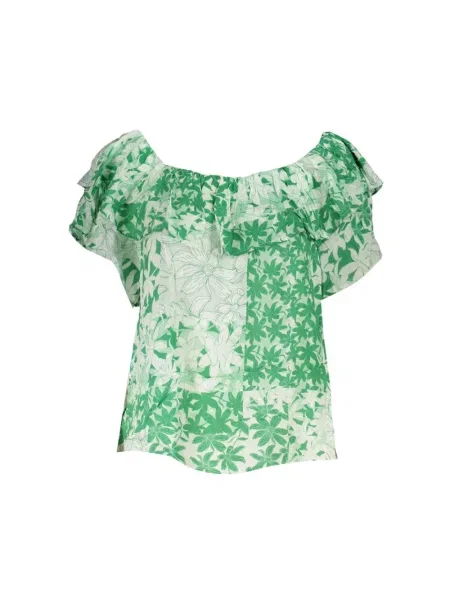 Wielobarwność koszulka Desigual boho z dekoltem w łódkę zielona