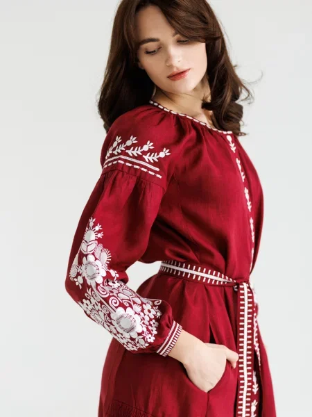 Лляна Вишита сукня Folk Moda бордовий