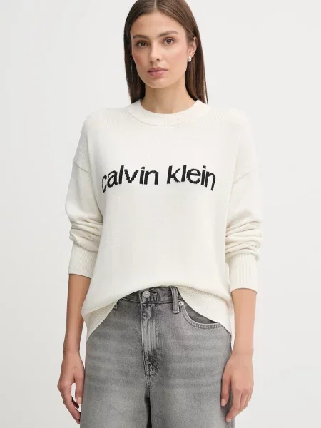 Пуловер Calvin Klein Jeans бежово от лека материя черно