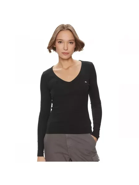 Tommy Jeans Blúzka Tjw Slim Essential Rib V Ls čierna