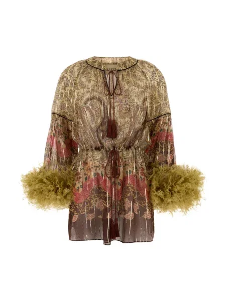 Lniany top Valentino Garavani w piórka