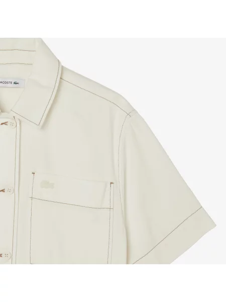 Lacoste Koszula Button-Down Z Krótkim Rękawem Regular Fit Kremowa Kremowy