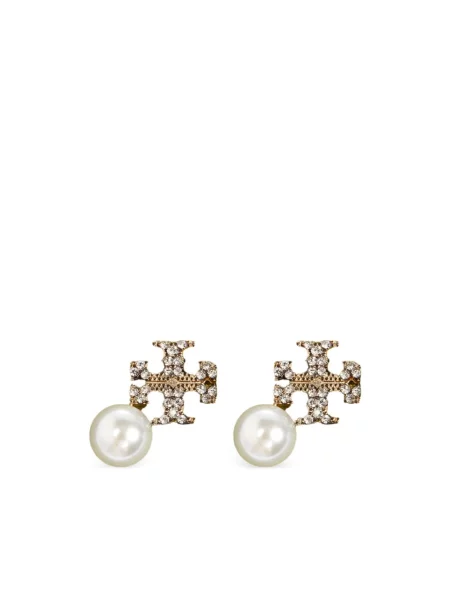 Tory Burch Kolczyki LOGO AND PEARL STUD EARRINGS Złoty żółte