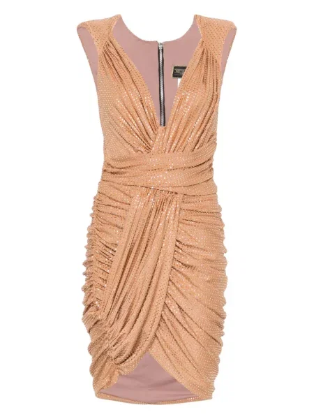 Mała sukienka mini Mitiliane Couture z kryształkami garniturowa brązowa