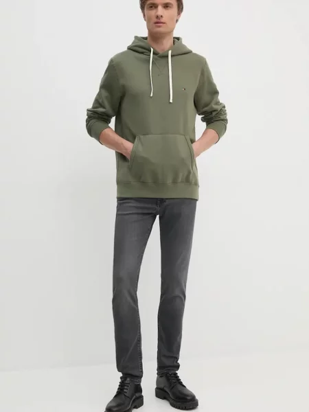 Tommy Hilfiger pulover s kapuco z bombažem zelena
