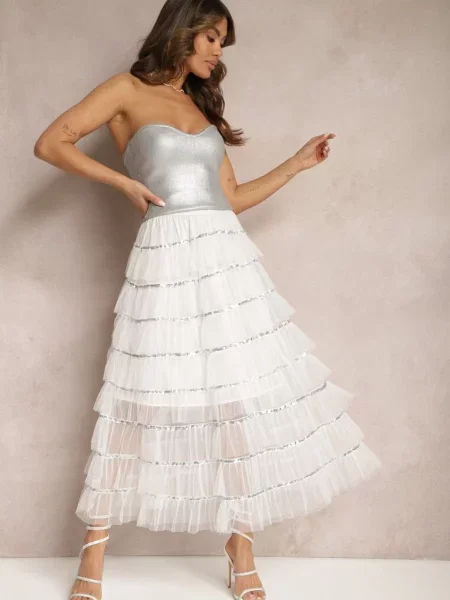 Rozkloszowana Spódnica Maxi z Falbankami i Cekinami Noobi biała