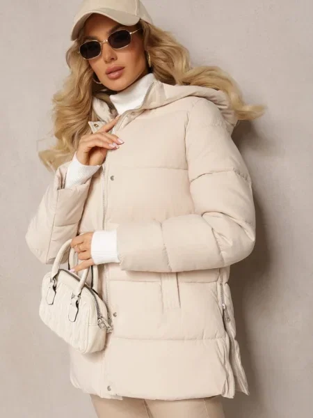 Jachetă deschis matlasată cu inserate și glugă nedetașabilă Teoga bej