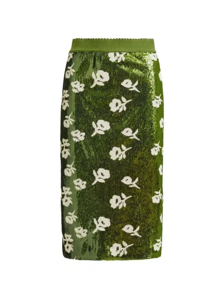 Fustă midi Essentiel Antwerp cu paiete cu model floral până la genunchi verde