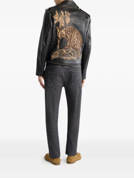 Кожено яке Etro с принт с леопардов принт черно