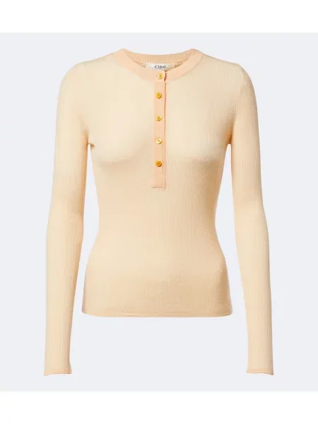 Cămașă Chloé de lână cu guler henley portocaliu