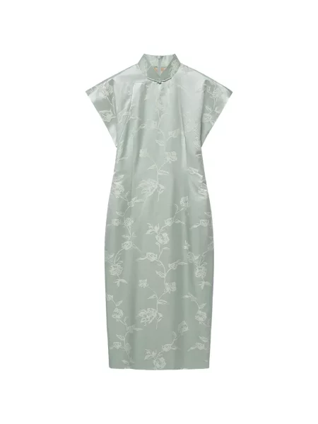 Rochie midi Shanghai Tang cu model floral din jacard verde