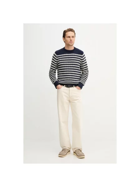 Sweter Guess w paski z paskiem niebieski