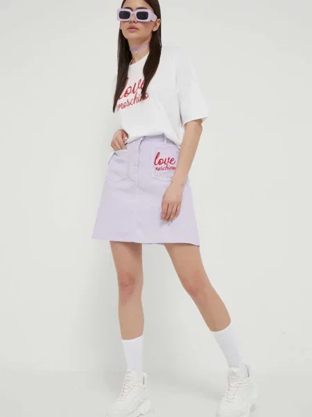 Дънкова пола Love Moschino лилаво къс модел с кройка тип молив виолетово