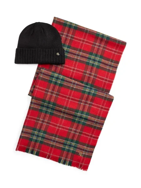 LAUREN RALPH LAUREN Set šal + kapa Rdeča črna