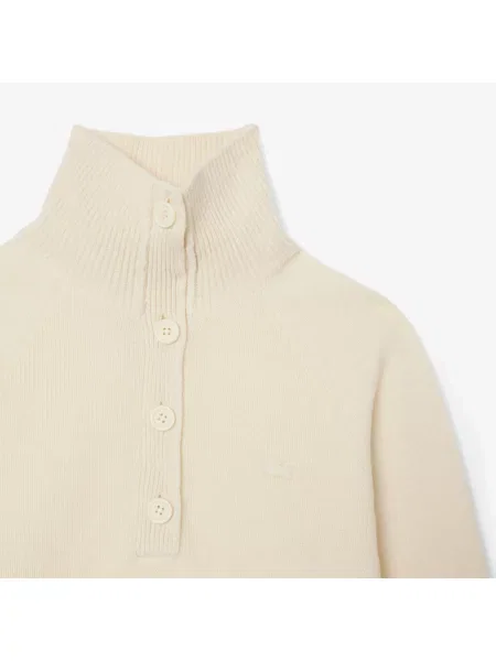 Lacoste Sweter Z Wełny Zgrzebnej Z Wysokim Kołnierzem Ecru biały