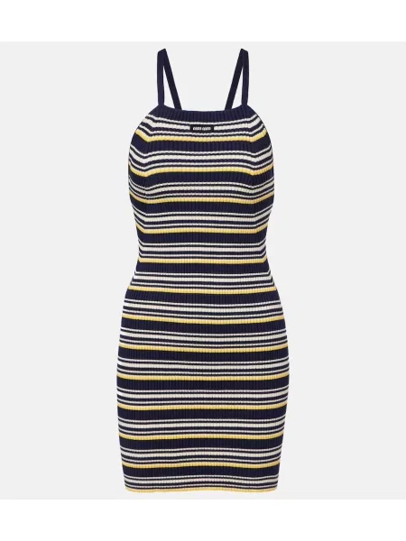 Bombažna obleka Miu Miu s črtami odprt hrbet modra