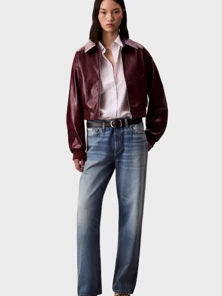 Кожаная укороченная джинсовая куртка Calvin Klein Jeans бордовая