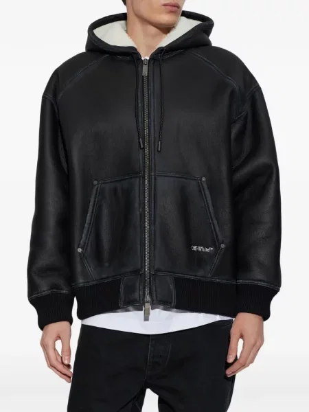 Geacă Off-white cu glugă din piele de oaie alb