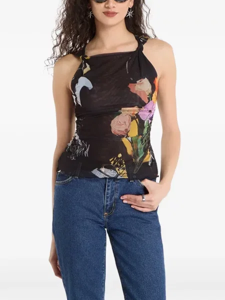 Top Desigual cu model floral cu imagine plasă negru
