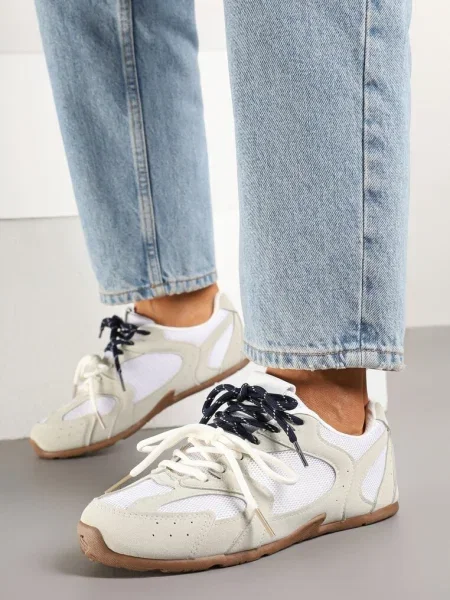 Beżowo-Szare Sneakersy z Kontrastującymi Sznurówkami i Przeszyciami Nanlita beżowe
