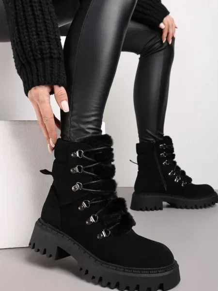 Botine din Imitatie de Căptușeală cu Șiret și Blană Cynthara negre