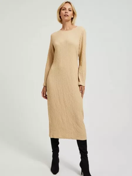 Rochie maxi Moodo cu mâneci lungi până la genunchi de costum bej