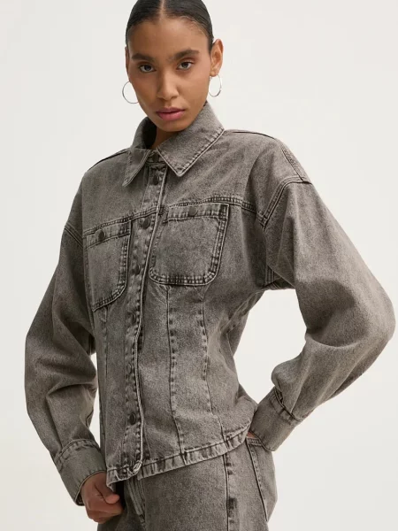 Дънкова риза Gestuz дамска със свободна кройка с класическа яка сиво