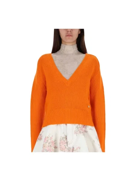 Sweter Ganni z kaszmiru z dekoltem w serek chunky pomarańczowy