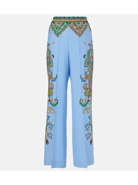 Pantaloni Etro de mătase cu model floral albastru